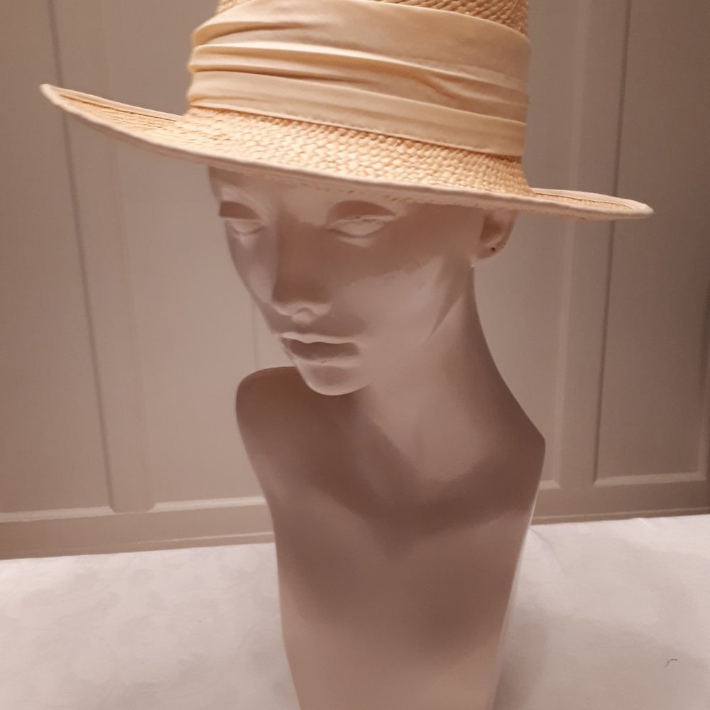 Straw Boater Hat with Attached Scarf